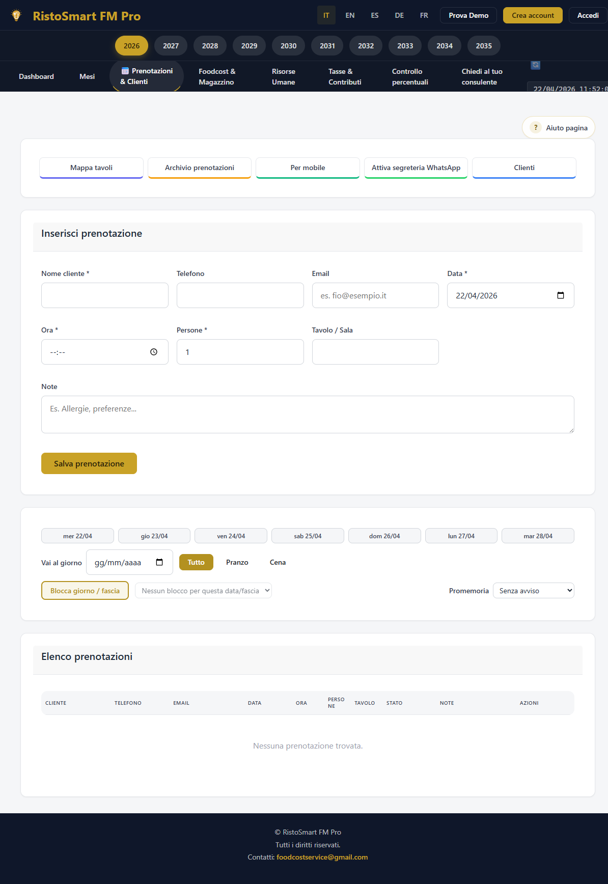 Prenotazioni e clienti RistoSmart FM Pro con form, calendario ed elenco prenotazioni