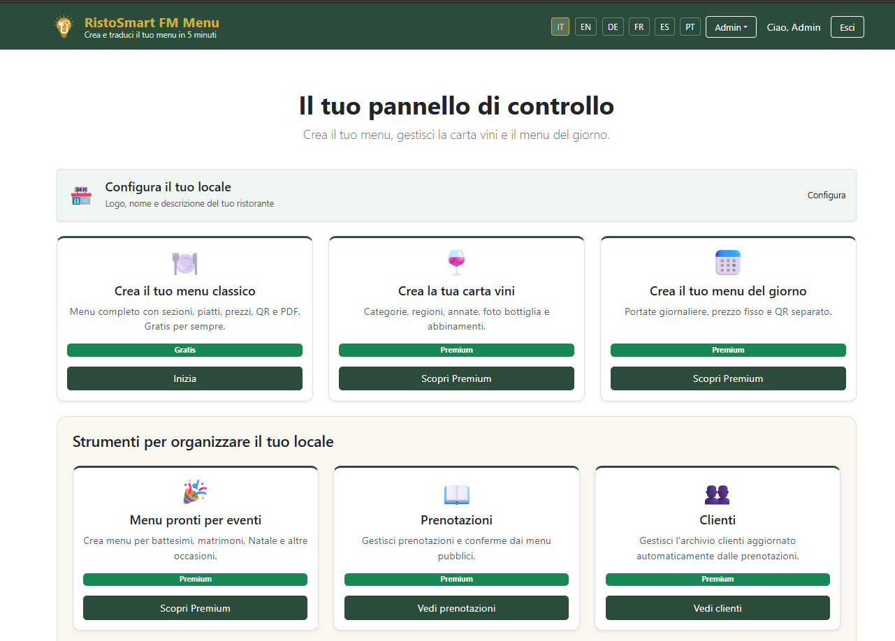 Pannello di controllo di RistoSmart FM Menu